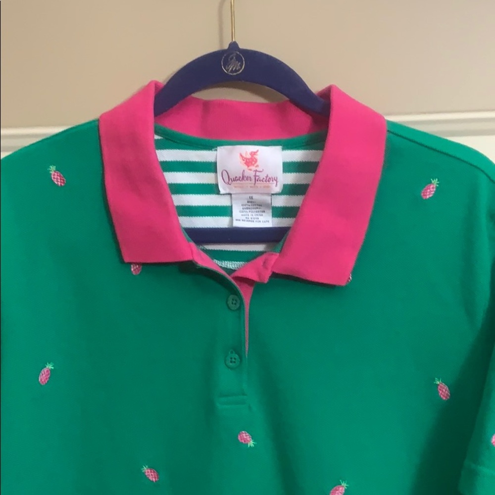 QF Kelly Green Polo Pique Knit w/ embroidered pineapples 1X